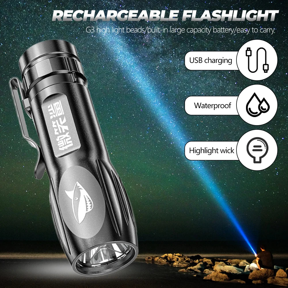 Mini Torch High Power LED Flashlight USB Rechargeable Fixed Focus Flash Lamp Portable Camping Waterproof Flashlight Lighting HIP