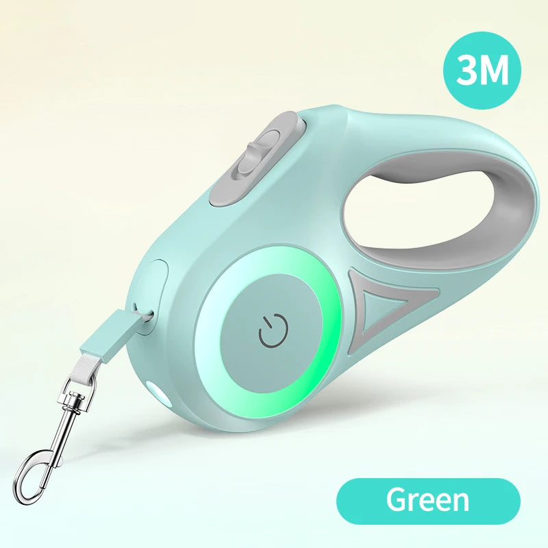 ROJECO 3M Retractable Dog Leash Roulette with LED Light Luminous Pets Leash for Puppy Dogs Outdoor Walking Running Traction Rope HIP Green 3M