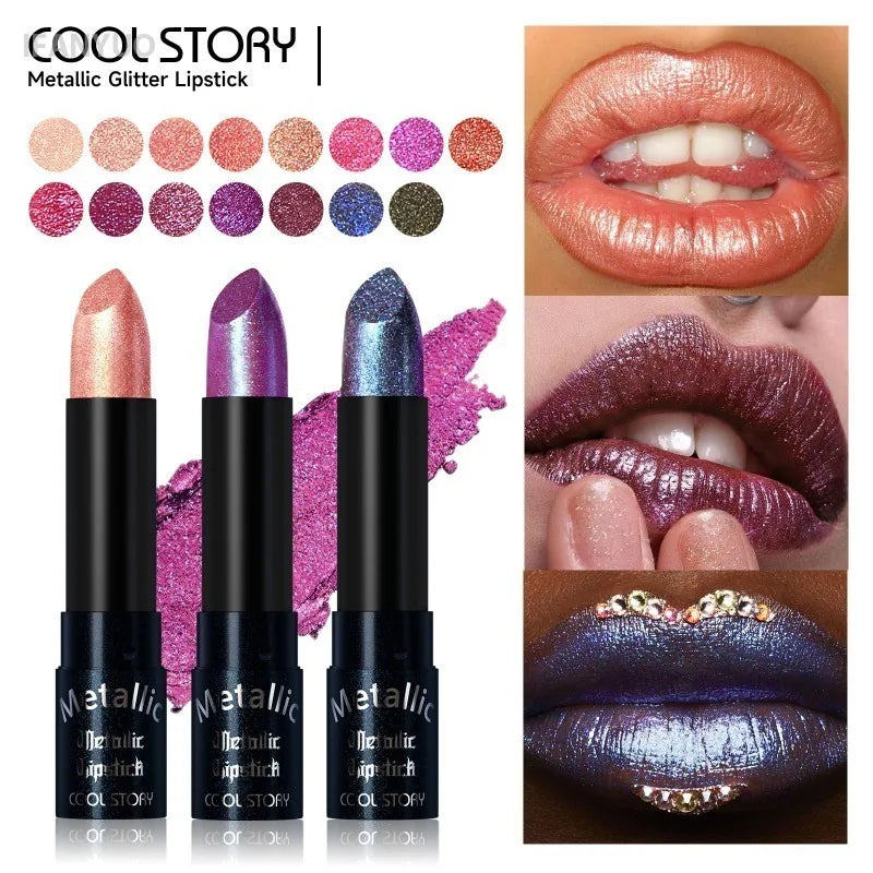 15‑Color Shimmer Metallic Glitter Lip Stick Waterproof High Pigment Shiny Lip Makeup Halloween Cosplay Stage Party Look Cosmetic HIP