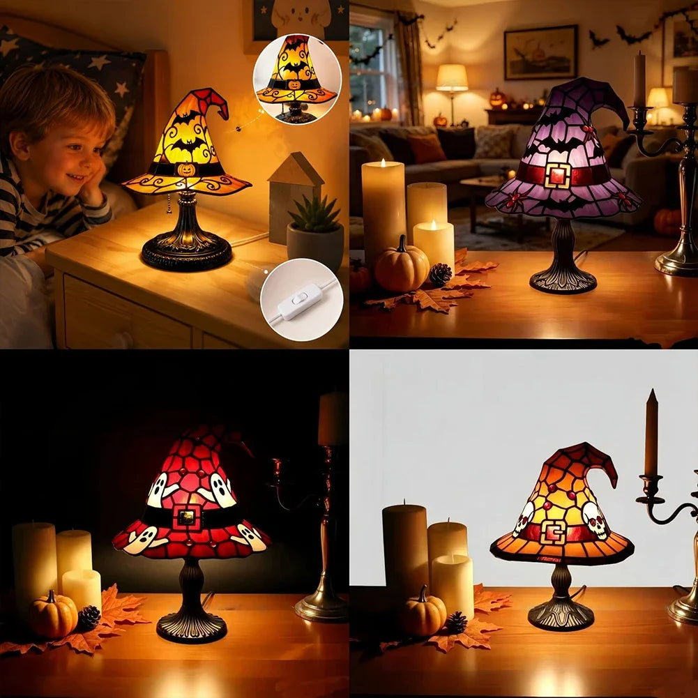 Gothic Desktop Ornament USB Powered Stained Glass Witch Hat Resin Night Light For Bedroom Halloween Party Living Room Home Decor HIP