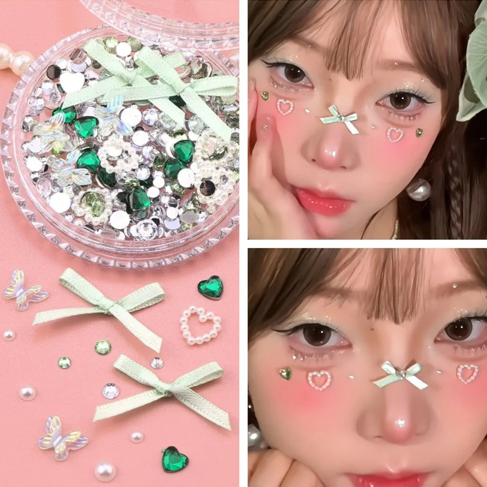 1 Box Sweet Face Jewelry Decoration Rhinestone 3D Bow Love Crystal Diamond Pearl Safe Nail Hair Accessories Festival Face Makeup HIP 150