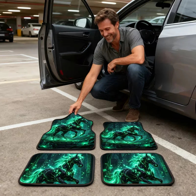 4-Piece Neon Green Horse Print Car Floor Mats – Universal Fit Car Floor Mats HIP