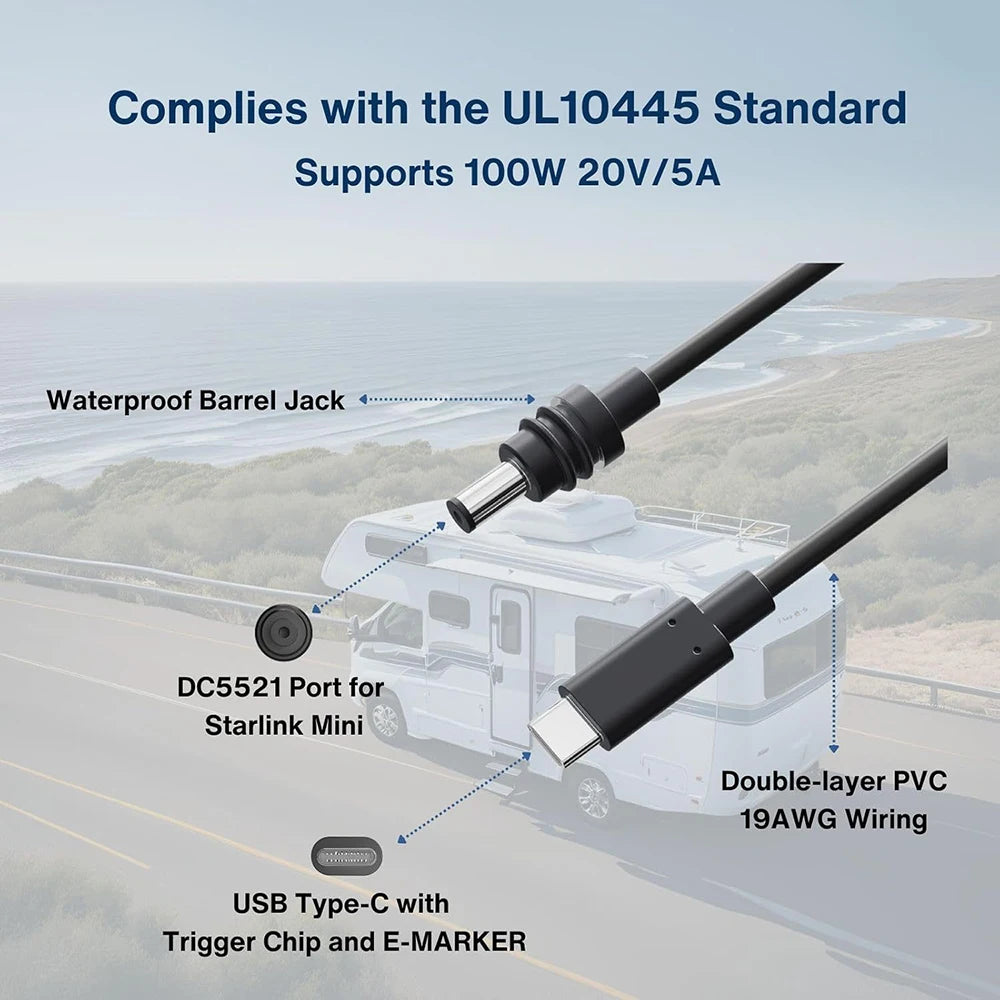 2m USB-C PD Power Cable for Starlink Mini – Waterproof USB-C Power Cable HIP
