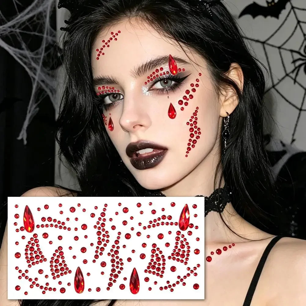 Universal Red Black Bloodstain Face Eye Gem Decals Horror Cosplay Party Decor Stickers Halloween 3D Face Rhinestone Stickers HIP Red