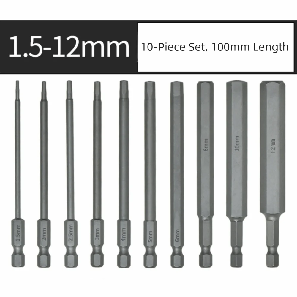 S2 Steel Hex Allen Screwdriver Bits 1.5–12mm | 1/4" Drive, 100mm Hex Screwdriver Bit Set HIP 10PCS