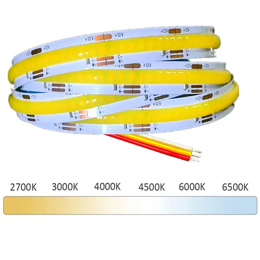 FCOB CCT LED Strip 608 LEDs/m 10mm Dimmable 2700K–6000K RA90 COB LED Light Strip HIP 2700K to 6500K 608 LEDs-DC12V 5m