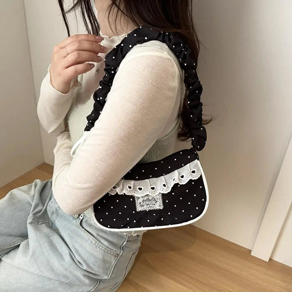 Lace Polka Dot Shoulder Bag Stretchable Strap Large Capacity Pleated Underarm Bag Polyester Multi-Color French Stick Handbag HIP