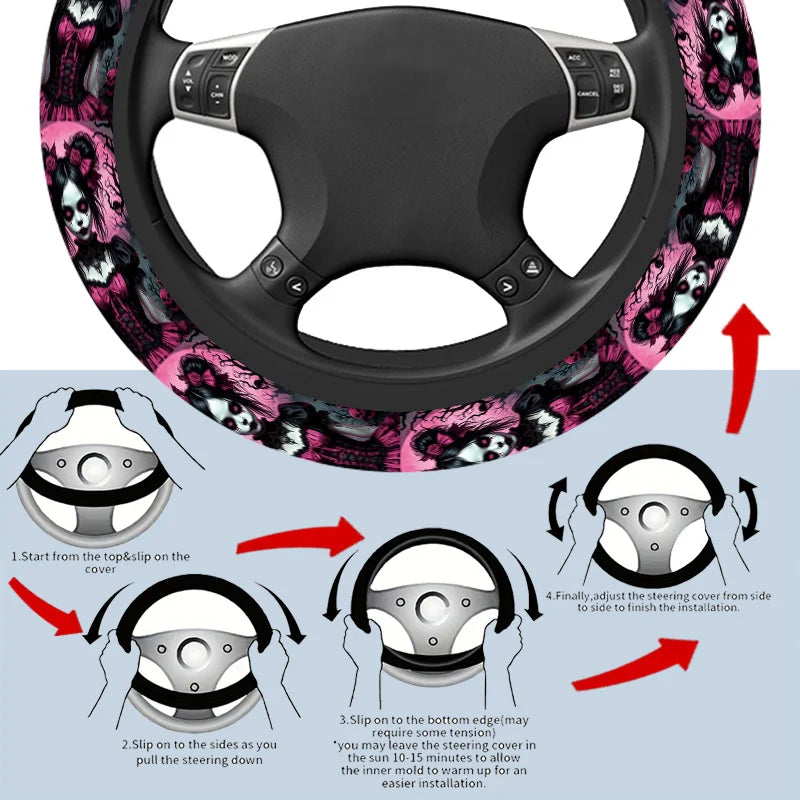 Gothic Skull & Rose Steering Wheel Cover – 15 Inch Black Steering Wheel Cover HIP
