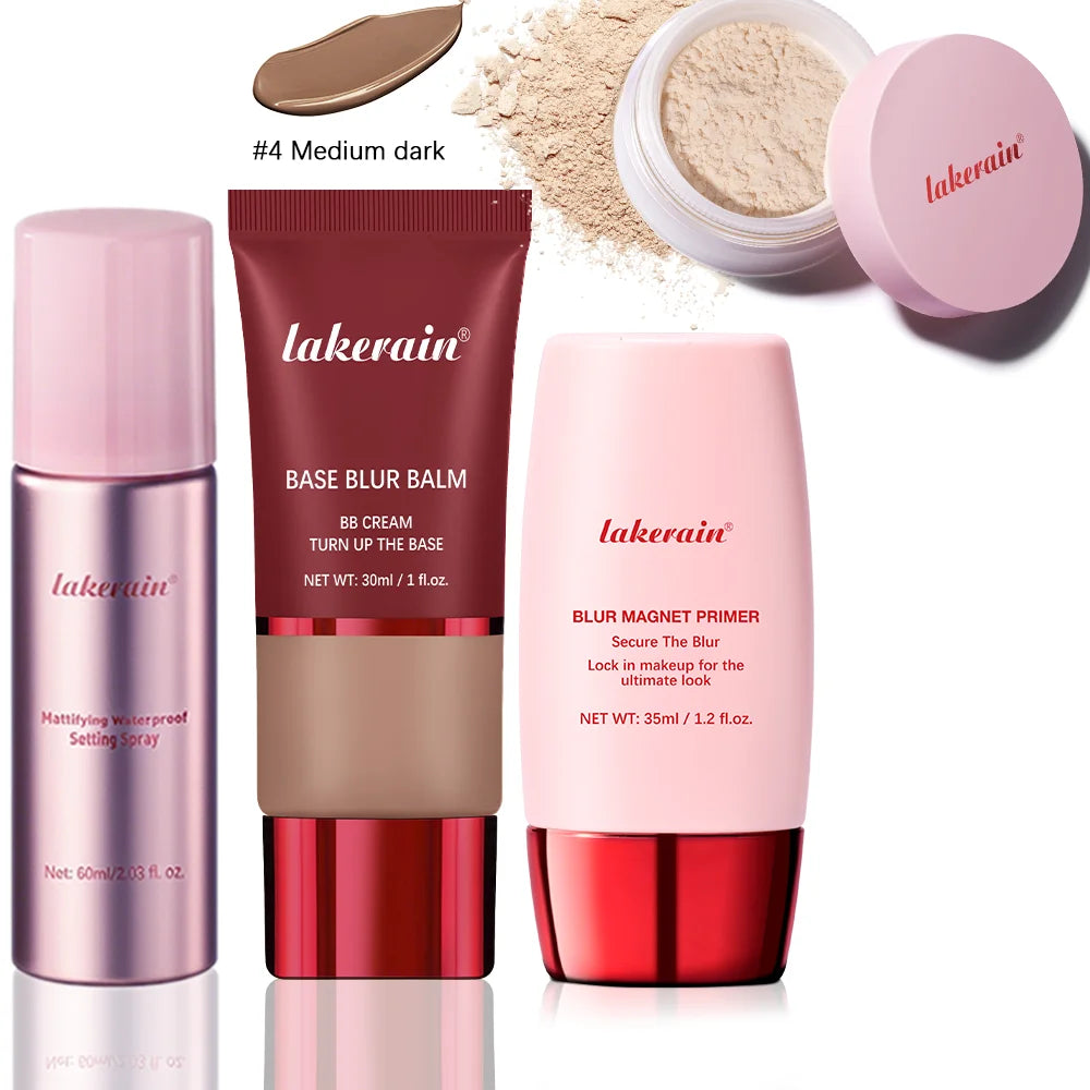 Ultimate Blurring Setting Powder Travel Size Set Waterproof Setting Spray Blur Magnet Primer BASE BLUR BALM Oil Control Kit HIP 4 medium dark set2