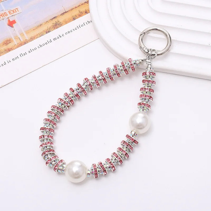 Crystal Pearl Rhinestone Phone Charm Bracelet Wrist Strap Lanyard Phone Charm Bracelet HIP Pink