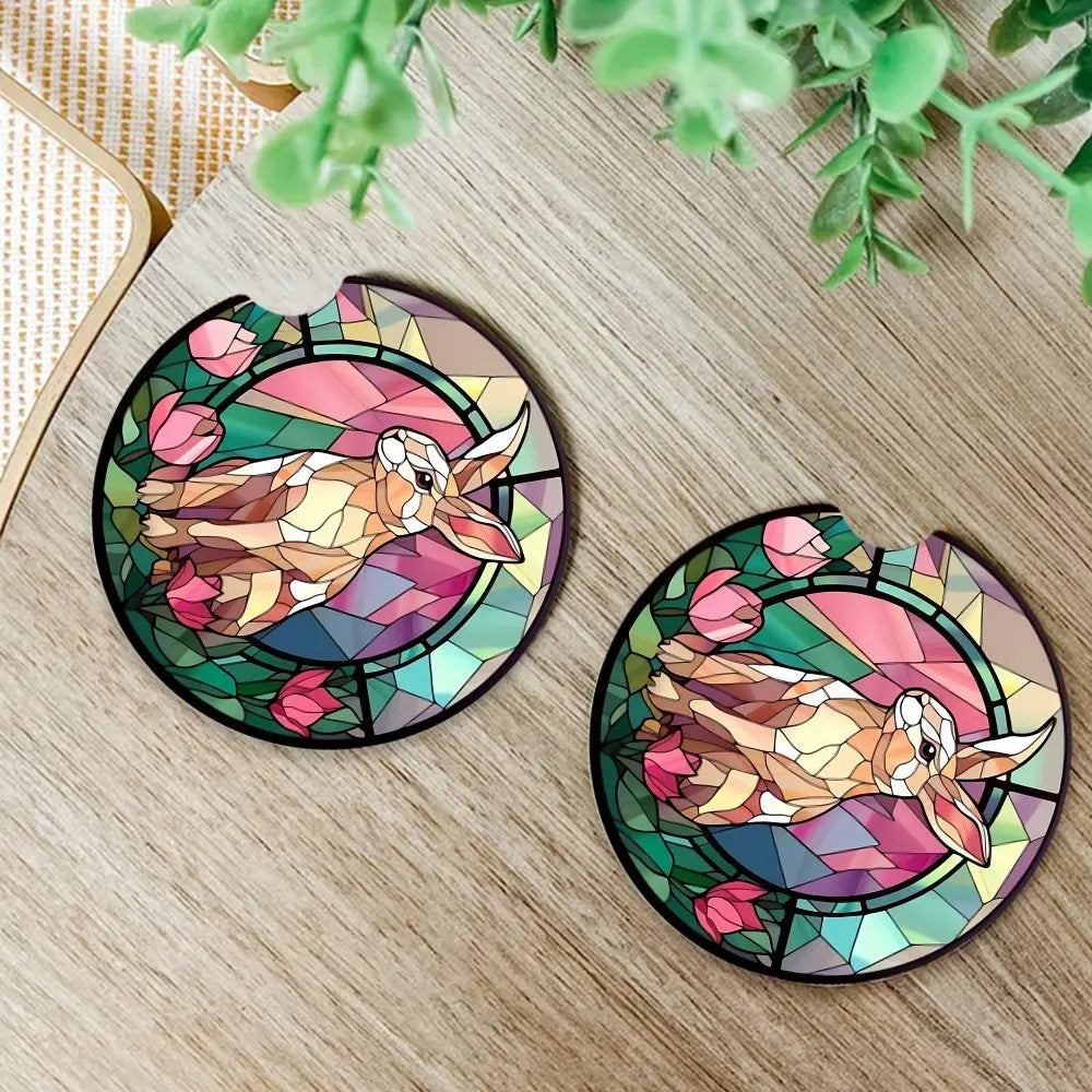 Easter Bunny Acrylic Car Coasters – Vintage Floral, 2 Pack Acrylic Coaster Set HIP
