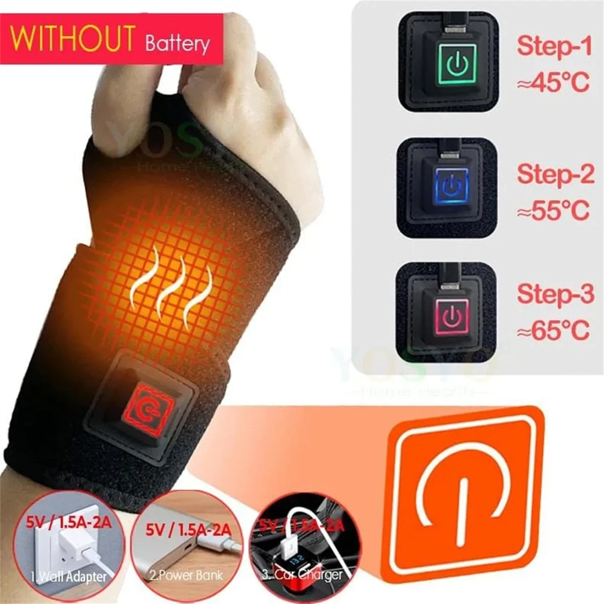 Electric Heated Wrist Brace – Adjustable Breathable Sport Support Heated Wrist Brace HIP Black