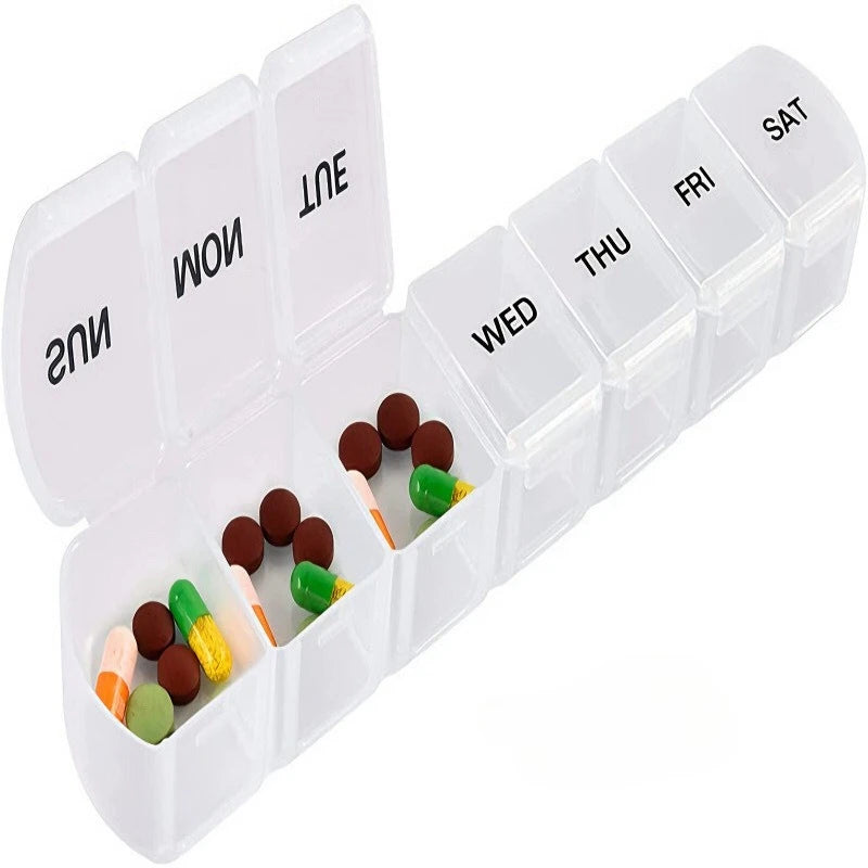 New Premium Portable Weekly Pill Cases 7 Day 7 Grids Pill Organizer Storage Box Container Travel for Medicine Vitamins Fish Oils HIP White