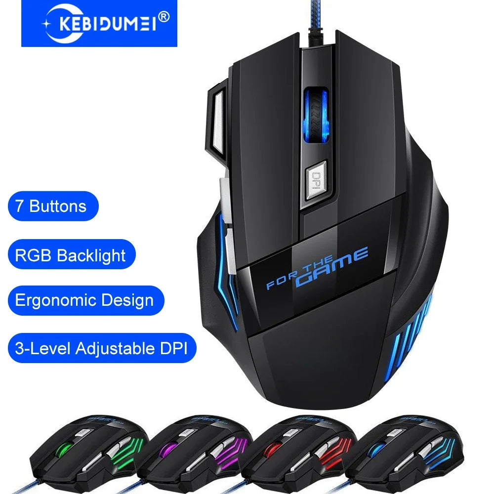 KEBIDUMEI 7-Button RGB Wired Gaming Mouse 2400 DPI Ergonomic Wired Gaming Mouse HIP