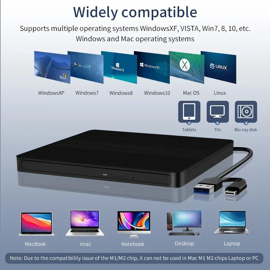 2-in-1 USB3.0 Type-C External DVD RW CD Writer Drive Burner Reader Player CD-ROM DVD-ROM Optical Drives For Laptop Desktop PC HIP