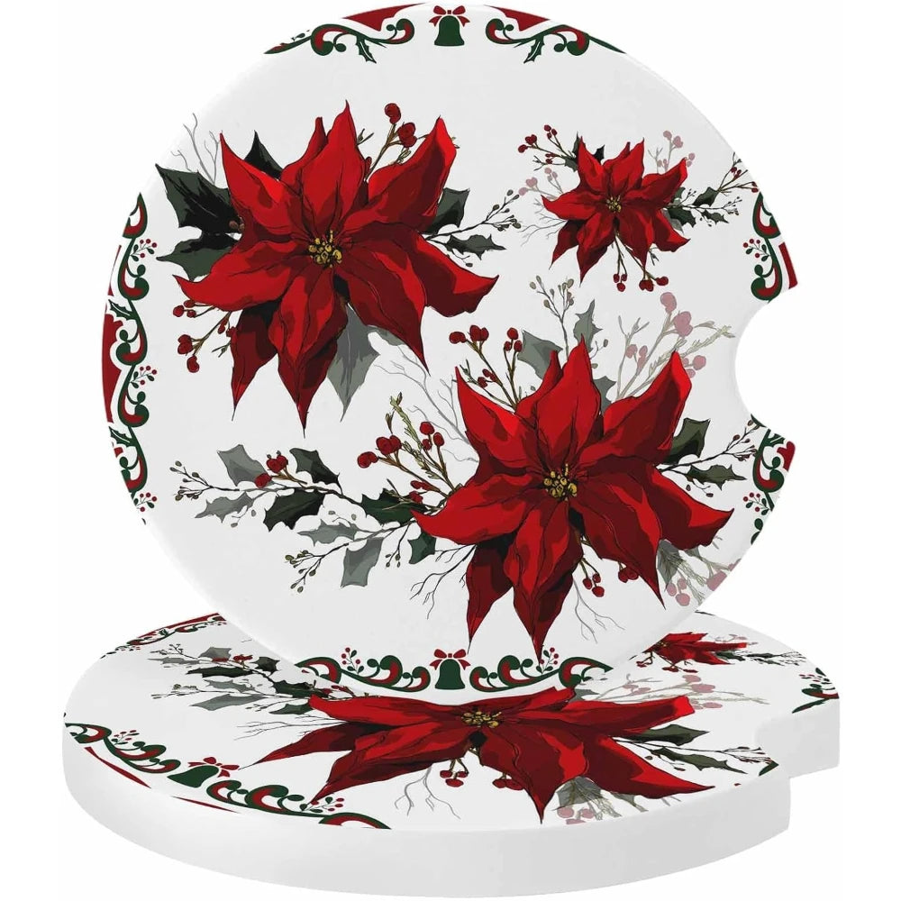 Christmas Poinsettia Ceramic Car Cup Coasters Set of 2 – 2.56" Car Cup Coasters HIP 1 Other