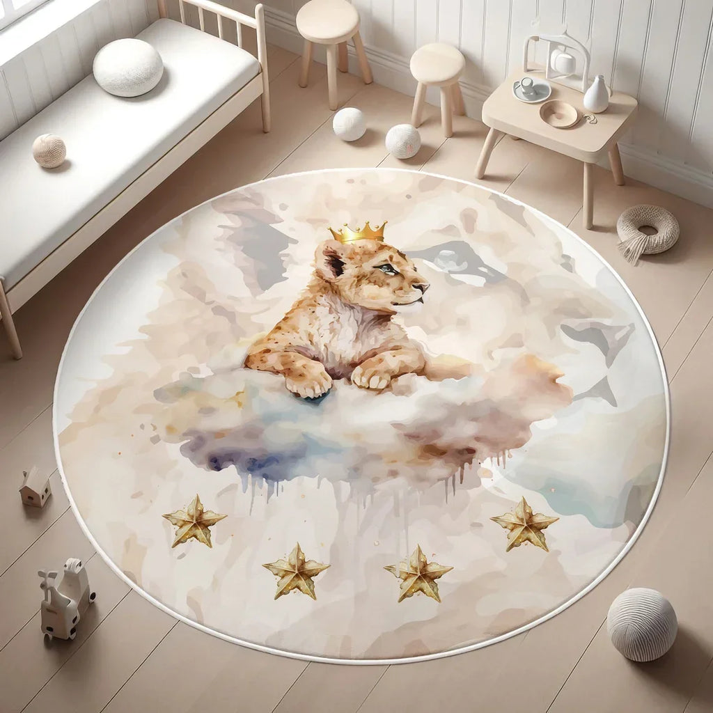 Lion Safari Kids Round Rug – Non-Slip Washable Playmat Kids Area Rug HIP