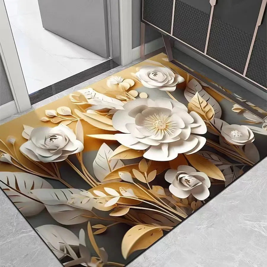 Gold Blue Floral Non-Slip Doormat – Marble Print Kitchen Rug Decorative Floor Mat HIP 3 50x80cm-Felt