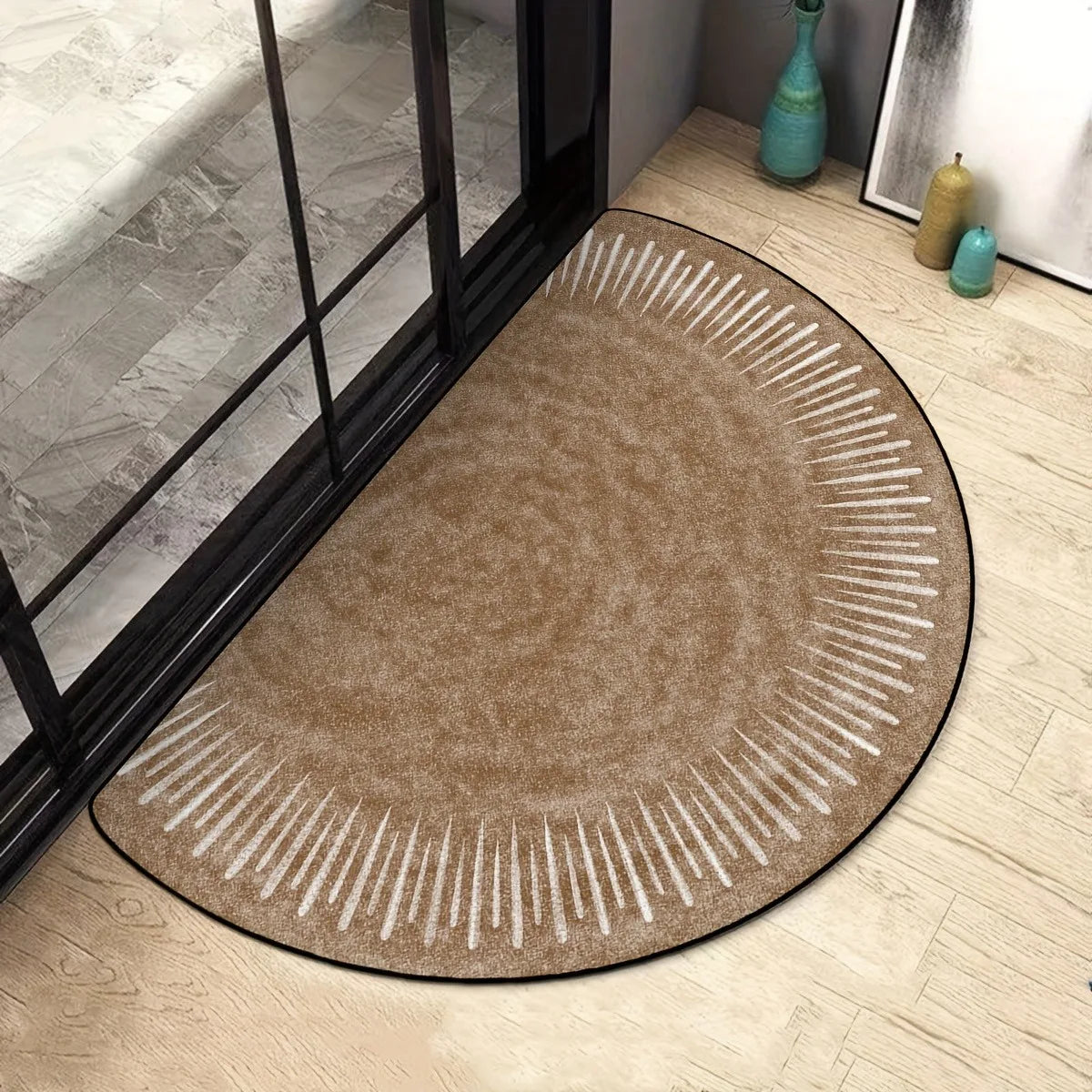 Semi-Circular Doormat – Non-Slip Vintage Brown Striped Rug Semi-Circular Doormat HIP