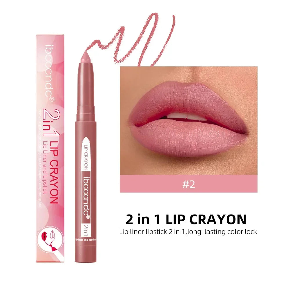 2-in-1 Lip Liner Waterproof Long Lasting Matte Lipstick Pencil Nude Pink Lips Outline Makeup Crayon Stick Lip Tint Line Cosmetic HIP 02