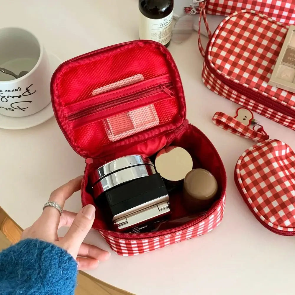 Red Grid Canvas Makeup Bag – Multi-Size Cosmetic Pouch Cosmetic Makeup Bag HIP
