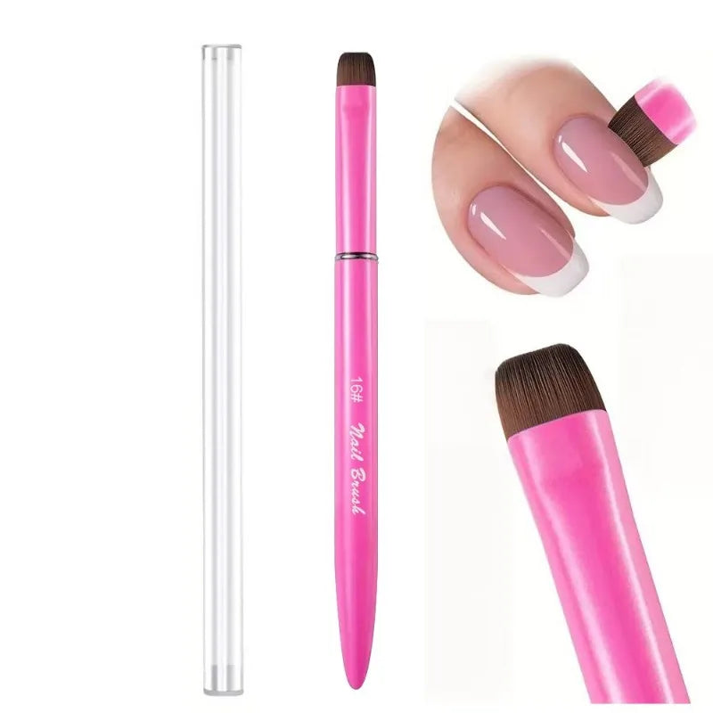 French Tip Nail Painting Brush Metal Handle Flat Round Head Manicure Tool Gel Polish Application Nail Surface Cleaning DIY Nail HIP Pink16