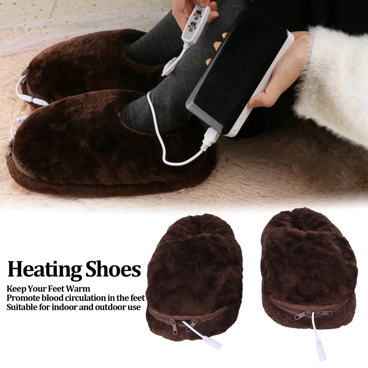 Electric Heated Slippers Temperature Adjustable Winter Soft Plush Heating Shoes for Men Women Coffee Warm Heated Slippers HIP A