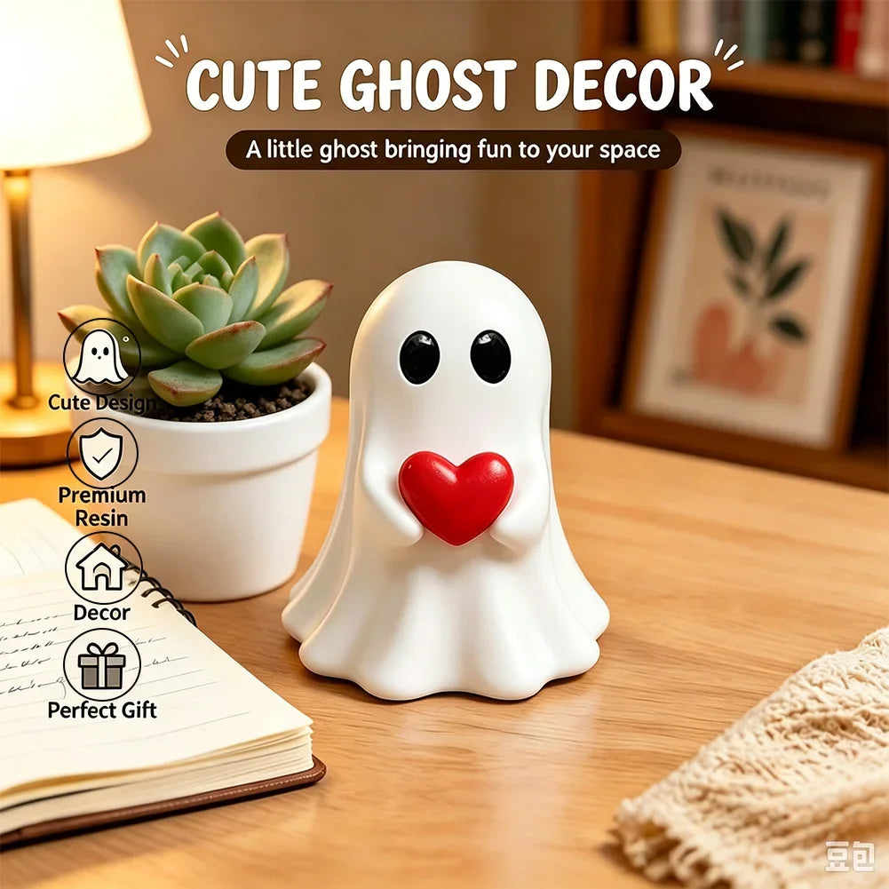 Cute Funny Mini Ghost Resin Figurine Middle Finger Ghost Halloween Desktop Party Ornament Heart Holding Ghost Statue Decoration HIP
