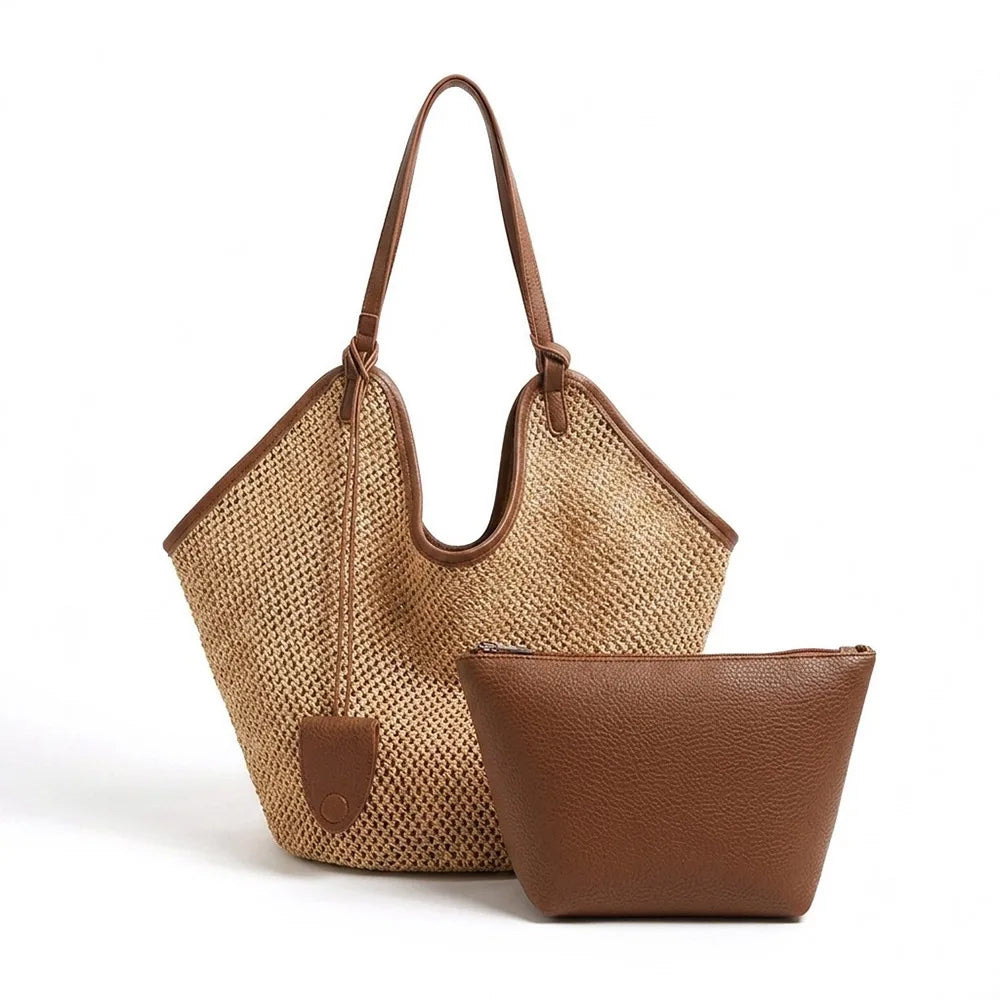Bohemian Woven Straw Tote Bag – Large Beach Shoulder Bag Woven Straw Tote Bag HIP Brown