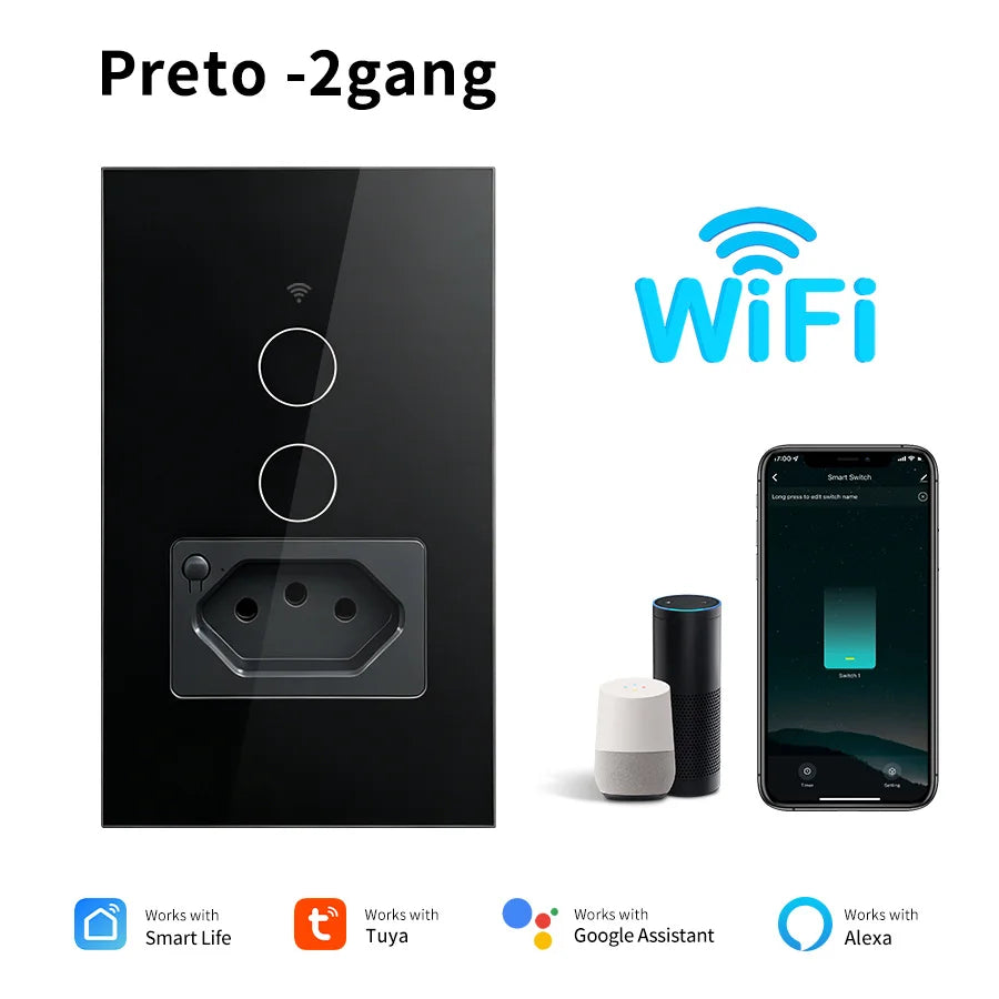 Tuya WiFi Smart Light Switch With Brazil Socket Touch Wall Switch Smart Life APP Remote Control Alexa Google Home 110V 220V HIP Preto-2gang