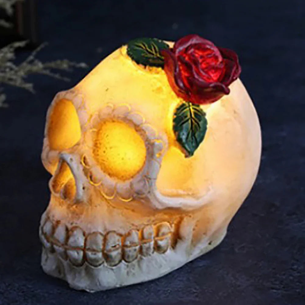 LED Glowing Skull & Rose Resin Figurine Halloween Tabletop Decoration Gothic Home Haunted House Party Day of the Dead Ornament HIP 01