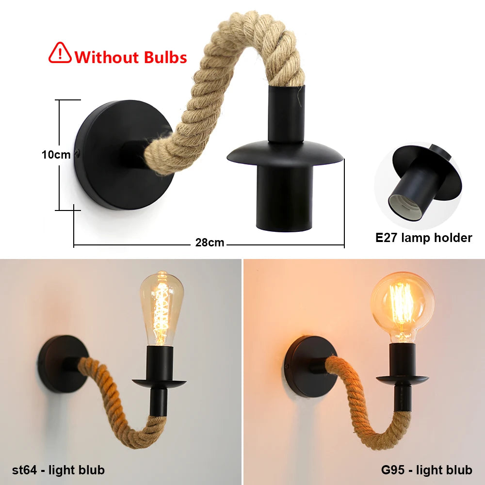 Vintage Hemp Rope E27 Wall Sconce | Industrial Retro Lamp Wall Sconce Light HIP