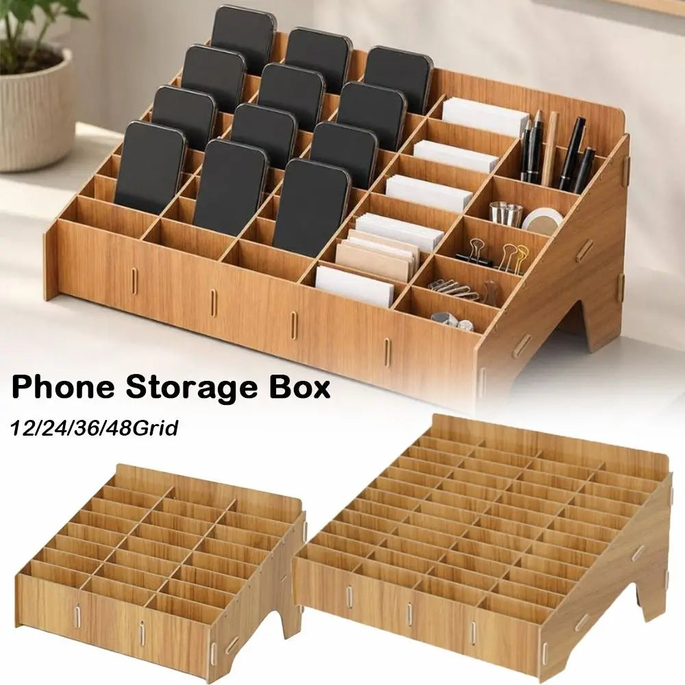 Wooden Multi-Grid Phone Desk Organizer – 12 to 48 Slots Desktop Phone Organizer HIP