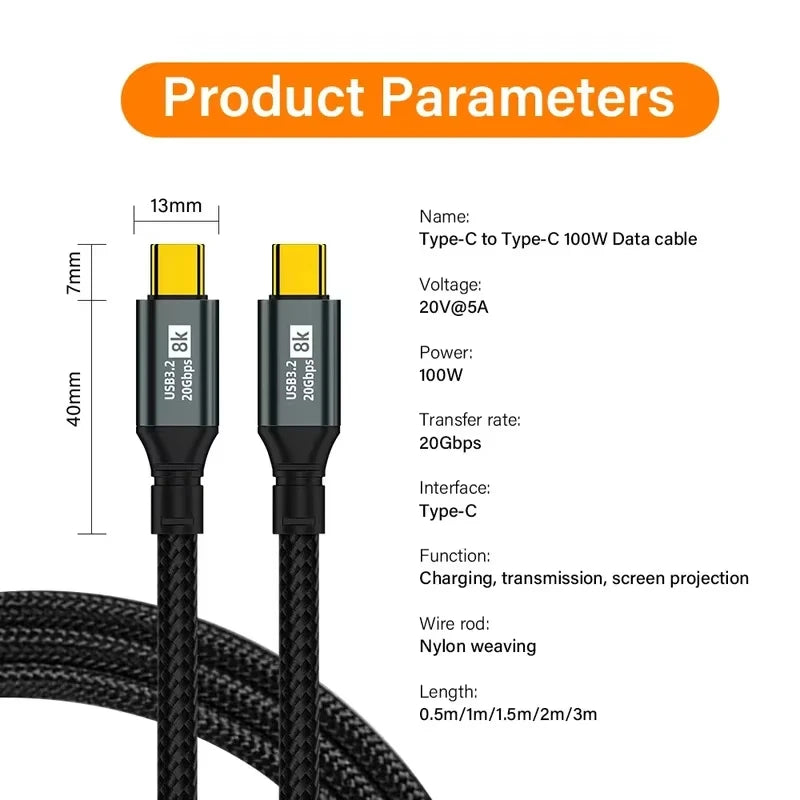100W USB-C to USB-C Cable USB3.2 8K 20Gbps Fast Charge USB-C Charging Cable HIP