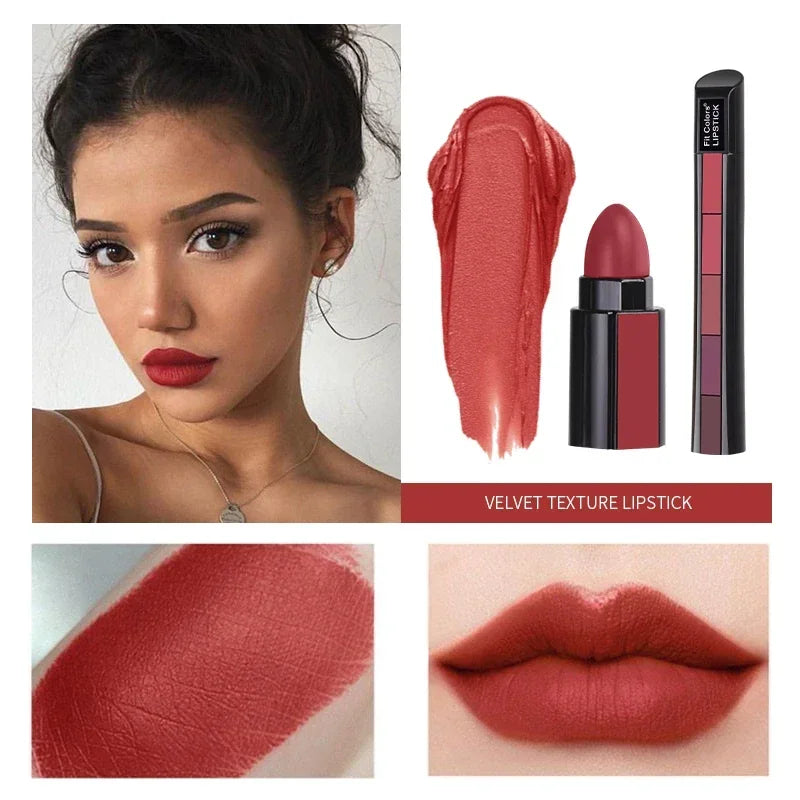 5 In 1 Matte Lipstick Kit Waterproof Nude Combination Lipgloss Long Lasting Velvet Red Show Complexion Sexy Lip Tint Cosmetic HIP
