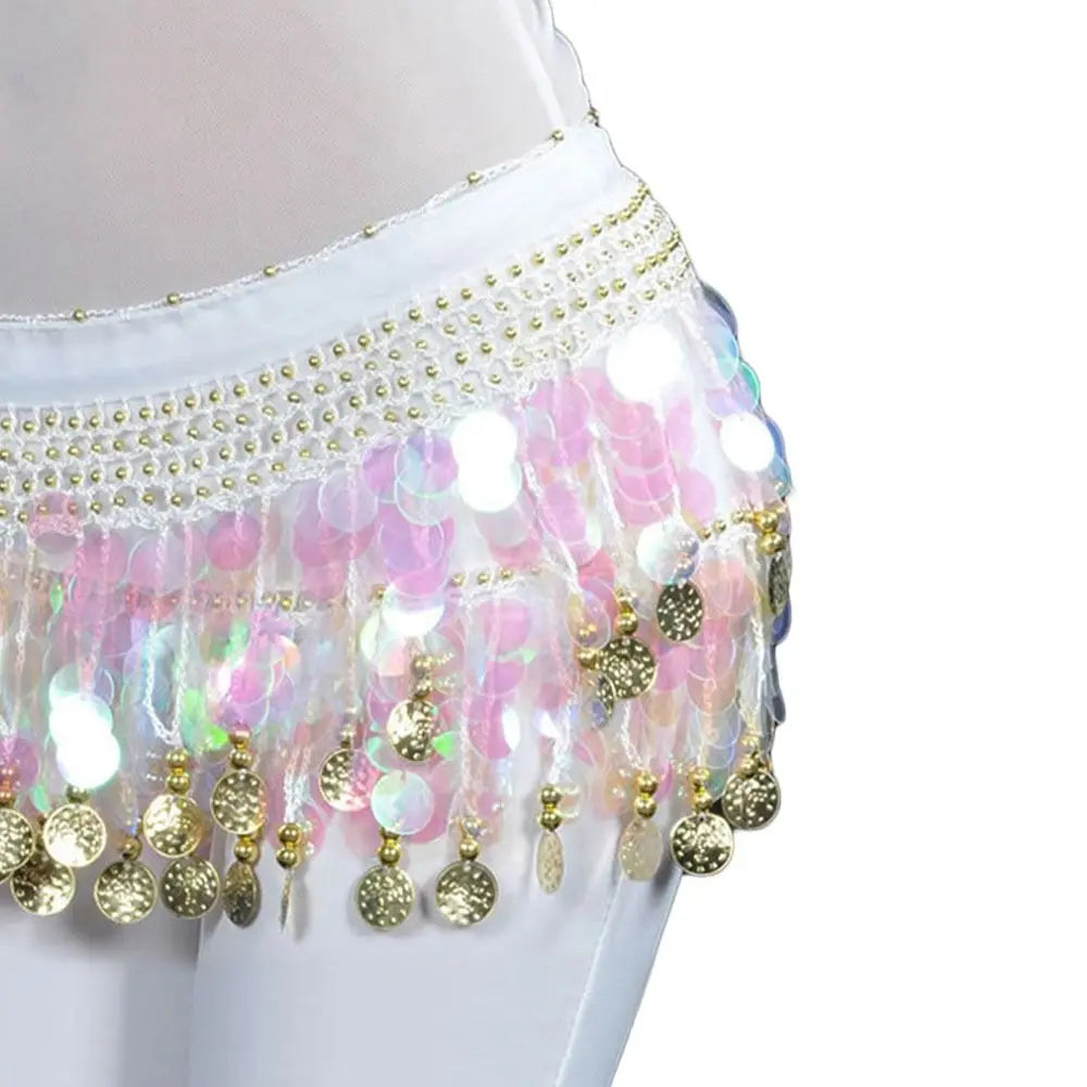 Sequin Tassel Belly Dance Hip Scarf Wrap Belt Skirt Belly Dance Costume HIP White