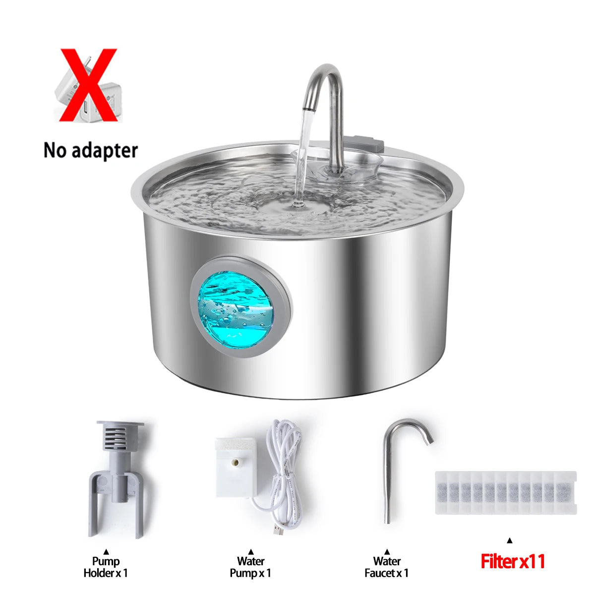 3.2L Stainless Steel Cat Water Fountain: Ultra Quiet USB Pet Drinking Dispenser with Water Window for Dogs & Cats HIP 3.2L-11pcs No plug