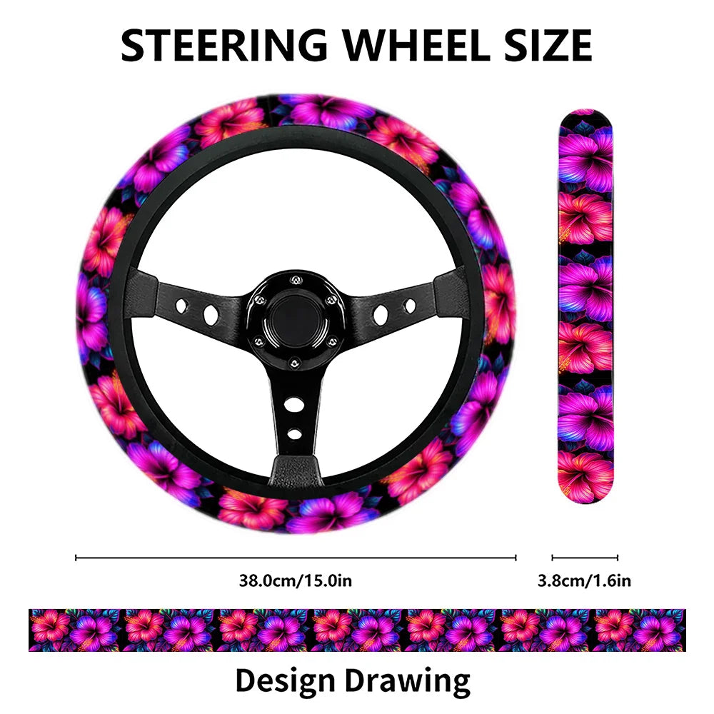 Hibiscus Floral Steering Wheel Cover – Universal Anti-Slip Fit Steering Wheel Cover HIP