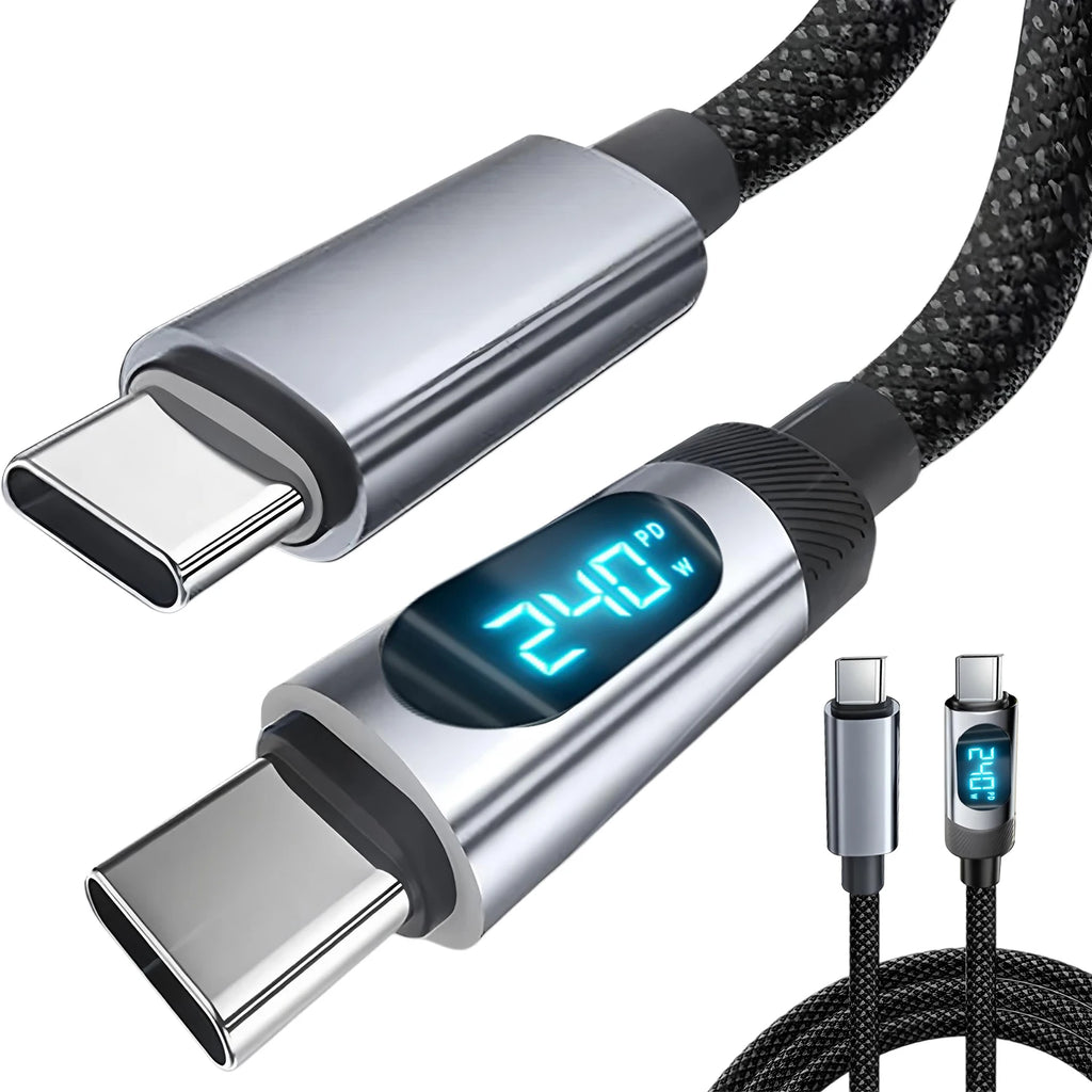 240W USB-C Braided Cable with LED Display | Fast Charge USB-C Charging Cable HIP