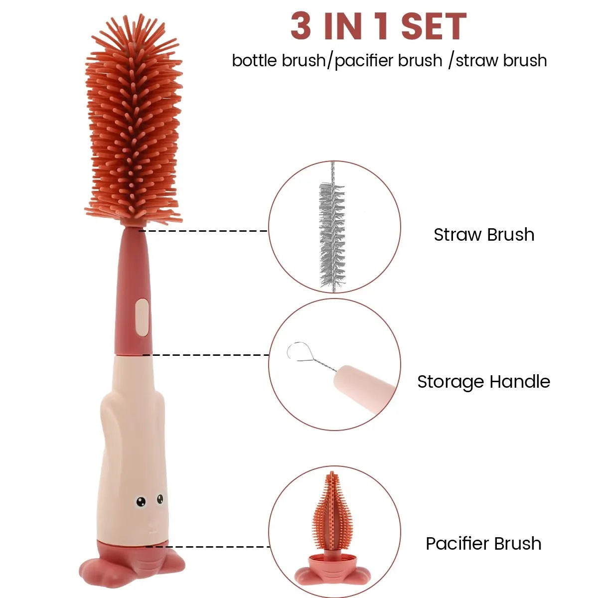 3-in-1 Silicone Baby Bottle Brush Set with Stand & Straw Brush Baby Bottle Brush Set HIP