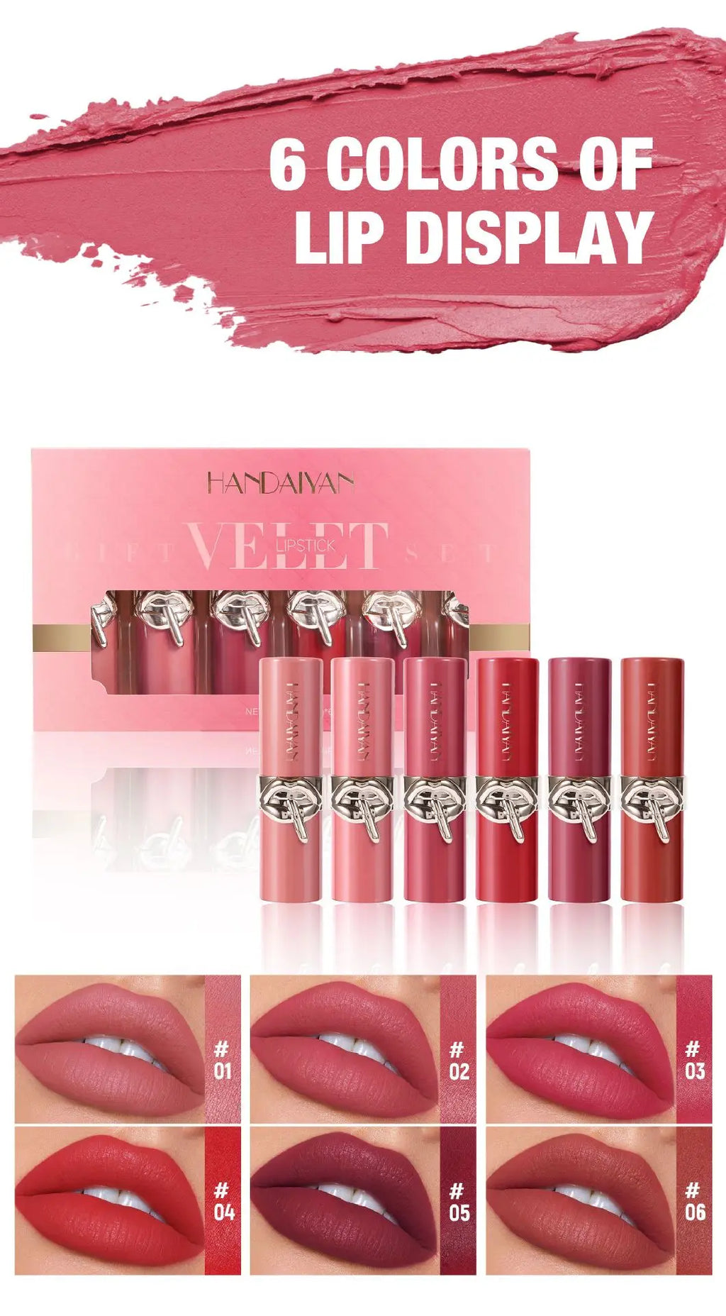 HANDAIYAN Velvet Matte Lipstick Set – 6 Shades, Long-Lasting Matte Lipstick Set HIP 1