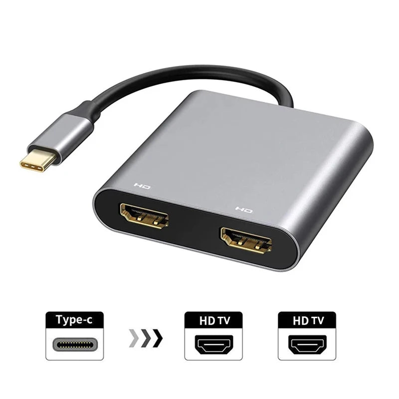 USB-C to Dual HDMI Hub 4K | 2-in-1 & 4-in-1 + PD Charging USB-C Hub Adapter HIP 2 in 1 Daul HDTV