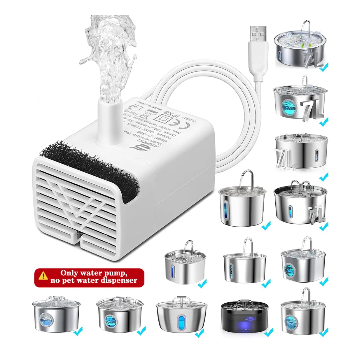 Pet Fountain Replacement Pump, LED Power Off Light, Ultra Quiet Filter Pump Fits 2.2L/2.6L/3.2L/4L Cat Water Dispenser HIP