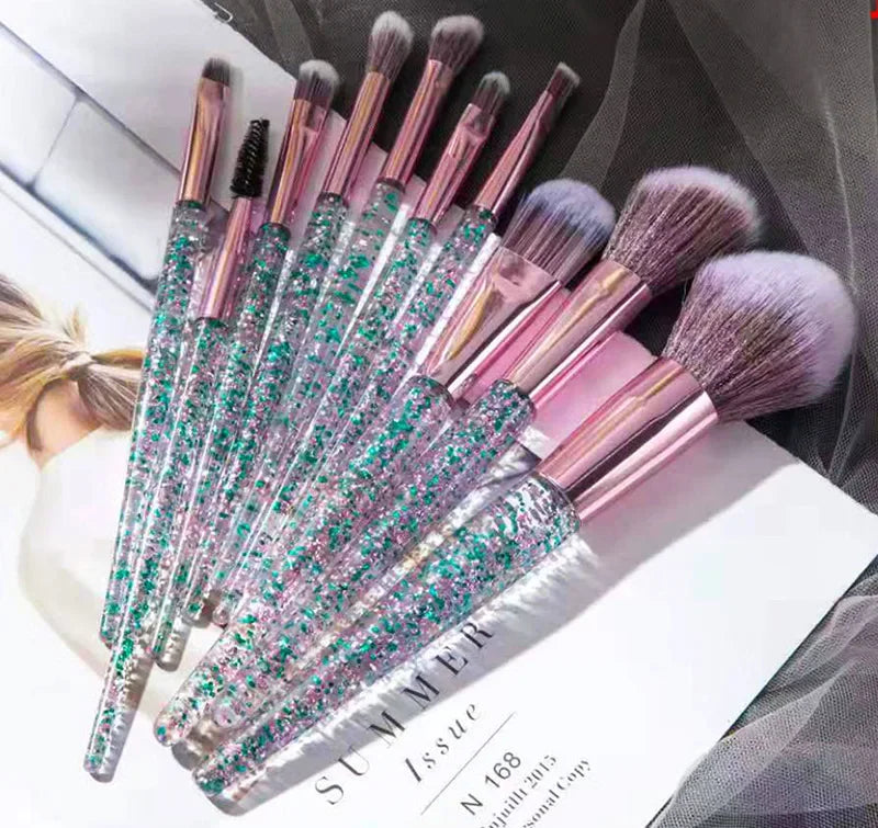 10-Piece Crystal Handle Makeup Brush Set – Face & Eye Kit Makeup Brush Set HIP C715-Green 10PCS