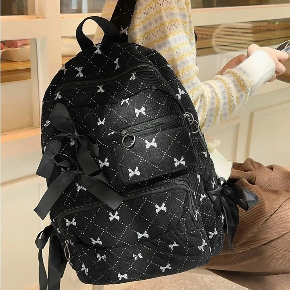 Corduroy Bow Backpack – Large Capacity Girls Schoolbag Student Backpack HIP