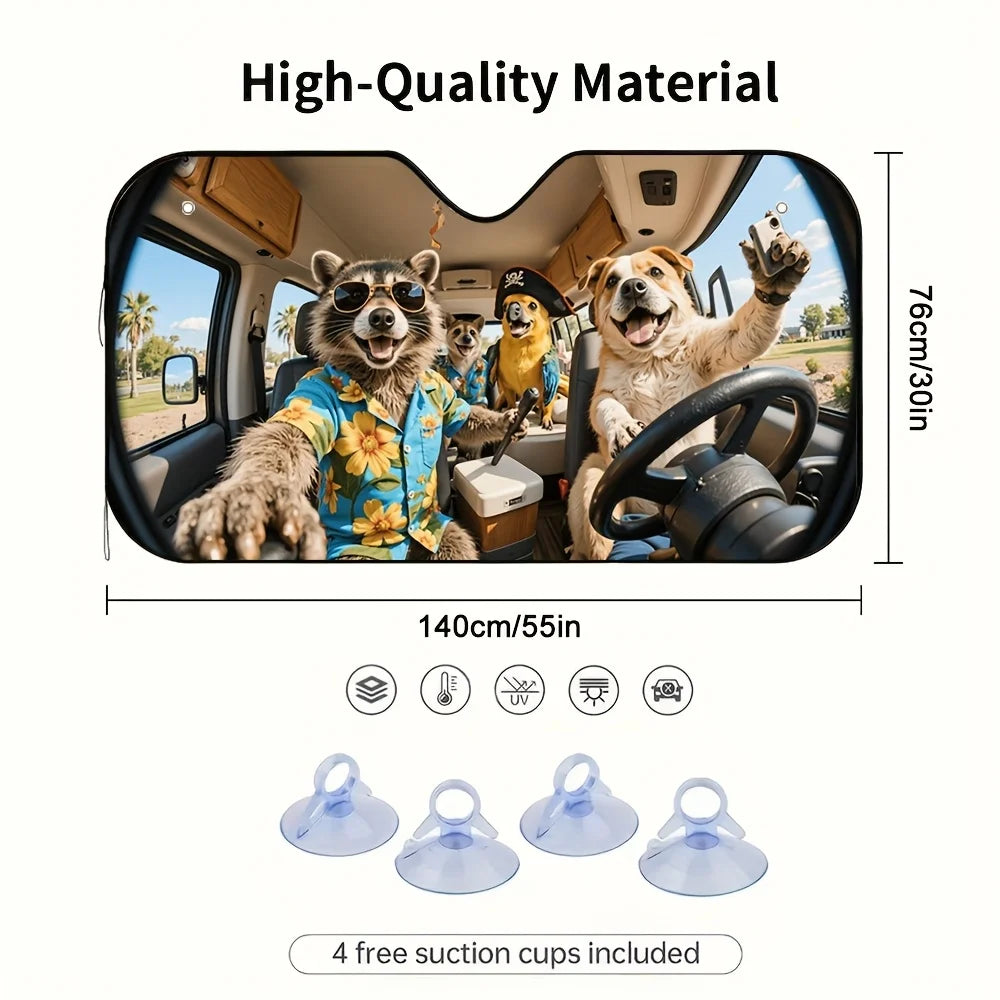 Foldable Car Sunshade – Raccoon Road Trip Print for Cars & SUVs Car Windshield Sunshade HIP