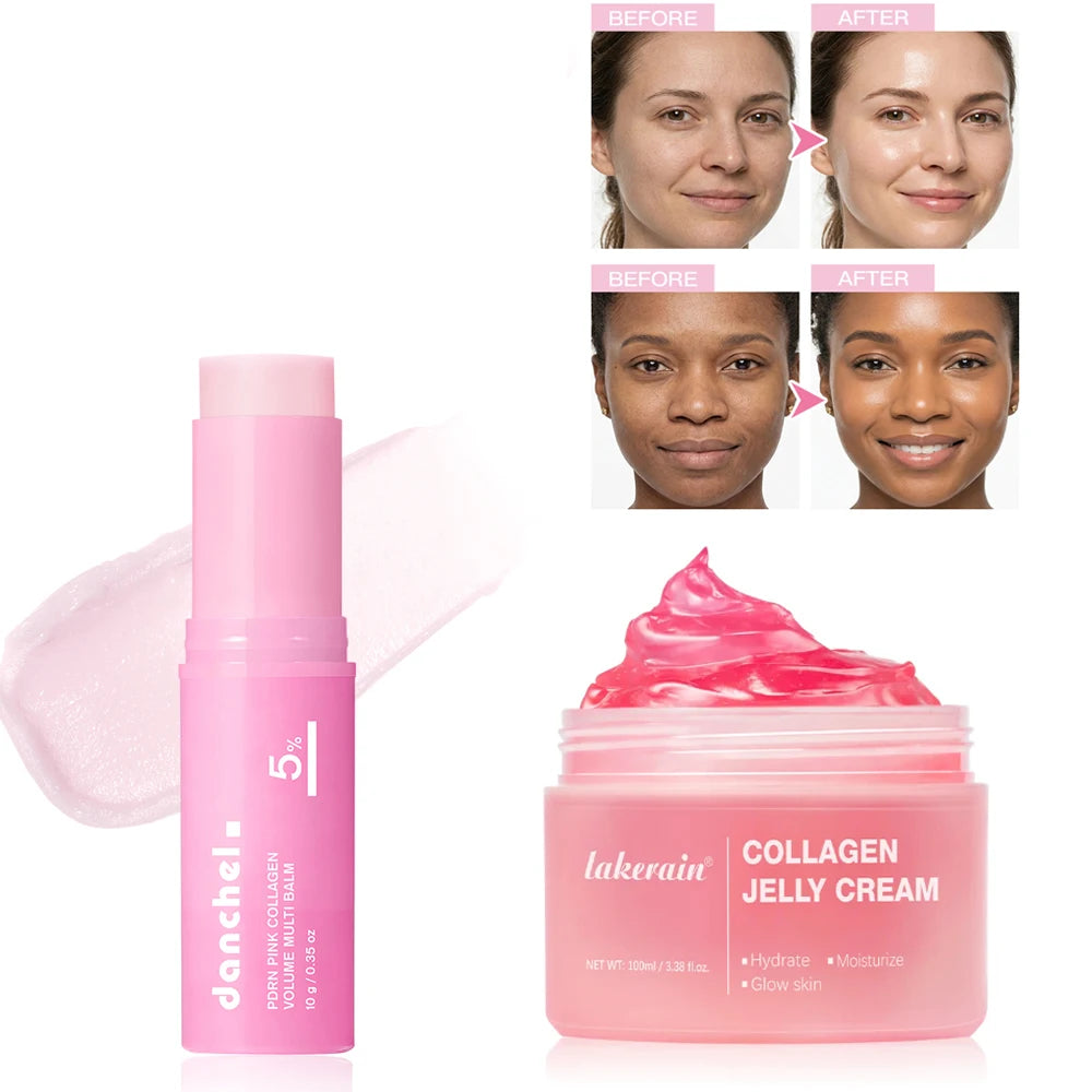 2pcs PDRN Pink Collagen Stick&Collagen Face Cream Multi Volume Balm Anti Aging Firming Anti Wrinkle Moisturizing Skincare Set HIP 2pcs 1set