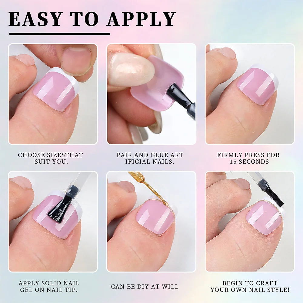 120Pcs Glossy Nude Pink French Press-On-Toenail Set 1*Box Short French Square Fake Toe Nails Solid-Color Manicure Toenails Tips HIP