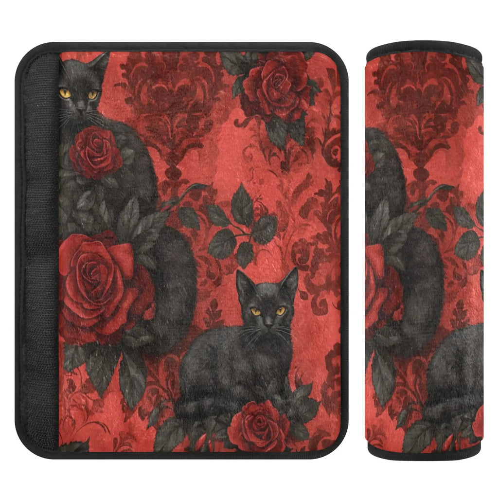 Gothic Roses & Black Cats Seat Belt Cover – 2-Piece Soft Pad Seat Belt Cover HIP 1