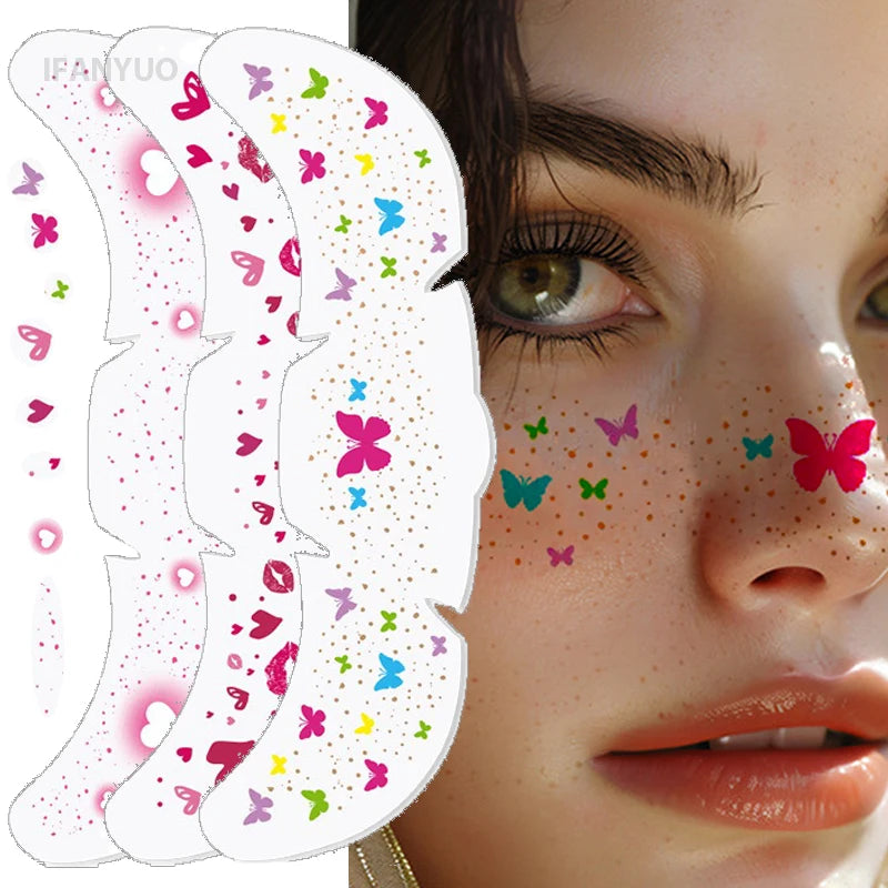 6pcs Flower Butterfly Freckles Makeup Patches Watercolor Heart Valentine Christmas Party Fake Freckles Temporary Tattoo Stickers HIP